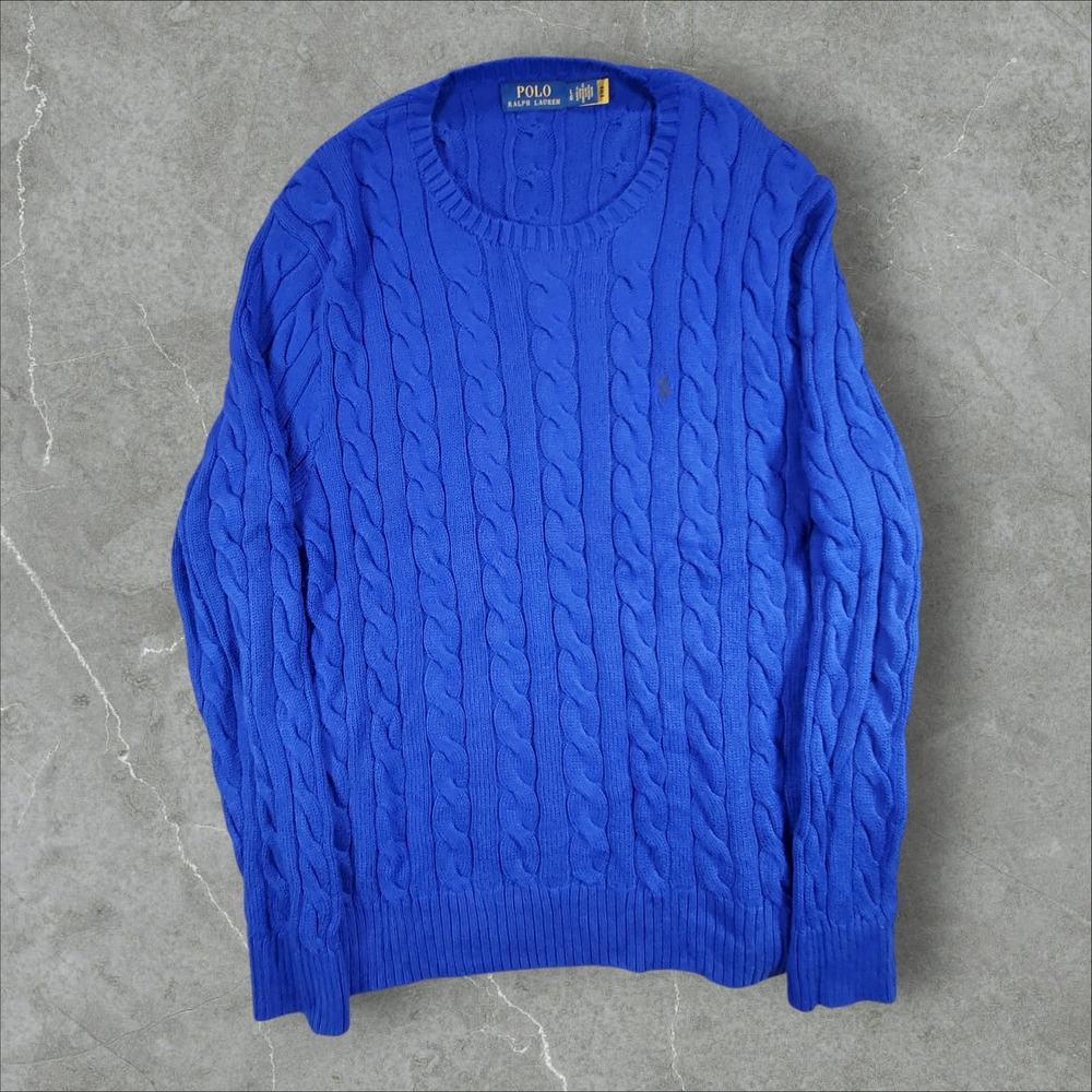 Polo Ralph Lauren Cable Knit Sweater Mens Large Royal Blue Cotton Crew Neck Logo